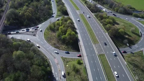 Orbit of Junction 8 M65 Motorway, junction Altham, Lancashire UK 10/04/2026 2 Stock Footage 332849811