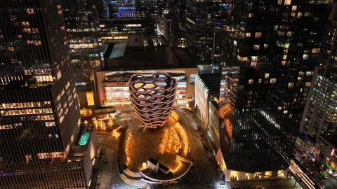 Orbit Left Over the Lit Vessel and the Hudson Yards Deck Stock-Footage 345288820