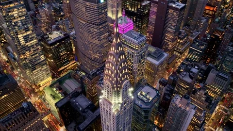 Orbit Left Top Down Around the Chrysler Spire at Night Stock Footage 345291310