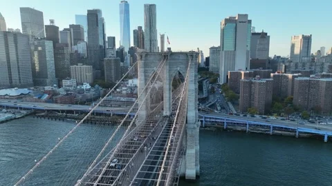 Orbit Over the Brooklyn Bridge Tower and Its Cable Fan Video stock 345290626