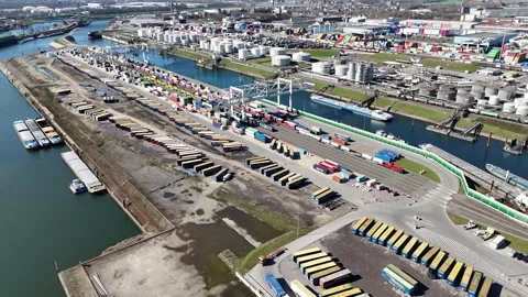 Orbit over container cranes and tank terminal docks Stock Footage 331896404