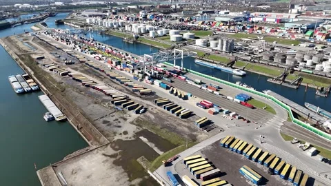Orbit over container cranes and tank terminal docks Stock Footage 340149934