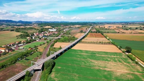 Orbit-Rail line drone flight view-Valdichiana valley Tuscany Italy Stock-Footage 237875324