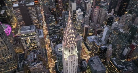 Orbit Right Top Down Over the Lit Chrysler Building Crown Stock Footage 345291137