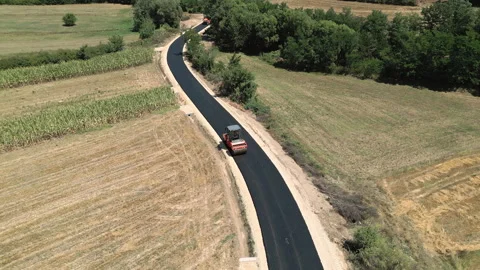 Orbit Rising Drone View of Road Construction in Mozgovo Serbia Stock Footage 331468117