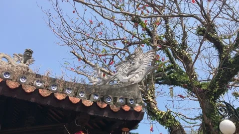 Orbit shot of phoenix statue on top of a Vietnamese ancient pagoda roof Stock Footage 151382531