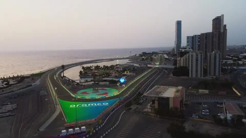 Orbit Shot Of Popular Track Of Formula One In Jeddah Corniche, Saudi Arabia Stock Footage 241484557