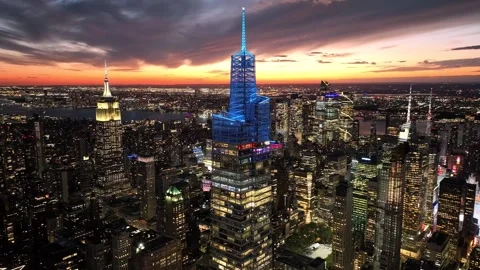 Orbit track around One Vanderbilt Lit Blue Above Grand Central Video stock 345291057