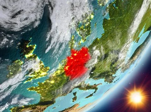 Orbit view of Germany during sunrise Illustrazione stock