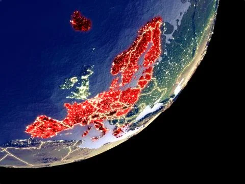 Orbit view of Schengen Area members at night Stock Illustration