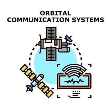 Orbital communication systems sending wireless data signal Stock Illustration