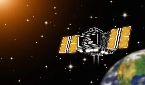 Orbital data center satellite in space floating above earth and powered by .. Stock Illustration