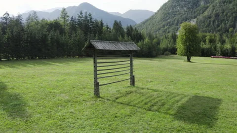 Orbital drone flight around a hayrack over a meadow with a forest. Video stock 217374599