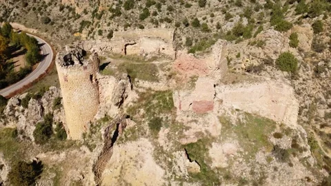 Orbital Drone flight over Santa Croce Castle ancient ruins in Albarracin on top Stock Footage 229465301
