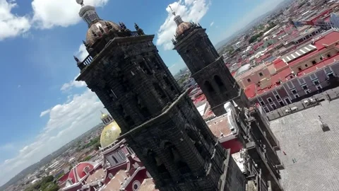 Orbital FPV Drone Shot Around Puebla Cathedral Towers and Main Dome Stock Footage 342540568