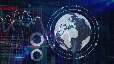 Orbital rings appearing globe centering and rotating while HUD charts animating Stock Footage 334202756