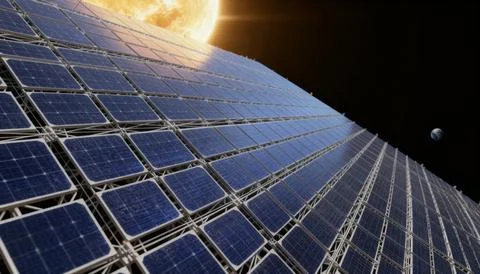 Orbital Solar Power Array with Earth and Sun in Background Foto stock