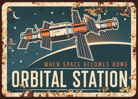 Orbital station satellite vector rusty metal plate Illustrazione stock