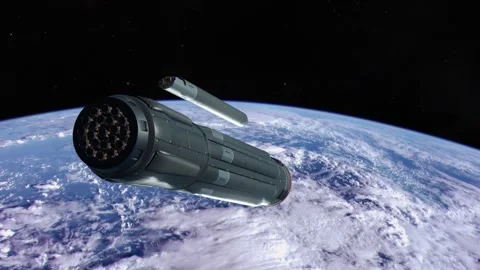Orbital Weapons Platform in Orbit of Planet Earth Over an Ocean Launching Stock Footage 297438054