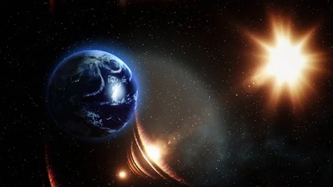 Orbiting 3d Earth animation and Sun in the space Stock Footage 72128664
