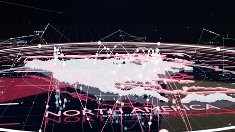 Orbiting 3D NORTH AMERICA map labeled cyber grid responding to ring scan at Stock Footage 337505137