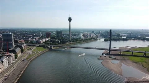 Orbiting Aerial hyperlapse of  Düsseldorf, a German city next to the Rhine. Video stock 194399436