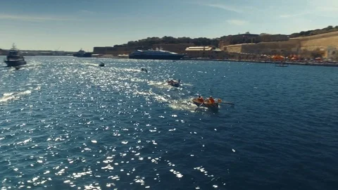 Orbiting Aerial shot around small regatta boats Stock Footage 91109971