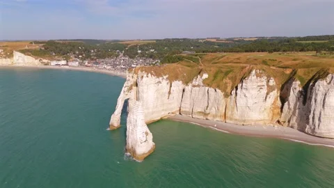 Orbiting Aerial View Of Etretat Cliffs With L'Aiguille Needle Rock Stock Footage 341126616