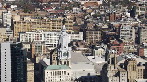Orbiting aerial view of Philadelphia City Hall Tower. Shot in 2011. Stock Footage 59186535