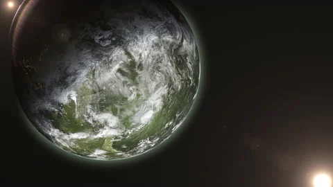 Orbiting around an alien planet with two suns and city lights Stock Footage 165090887