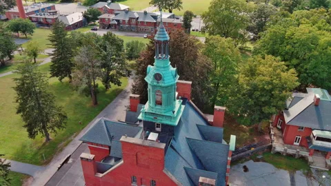 Orbiting Around Belfry on Old Brick Building 6K Video stock 160130895