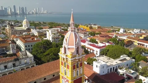 Orbiting around Cathedral in Old Town of Cartagena, Colombia, Arieal Shot 4K Stock-Footage 103279323