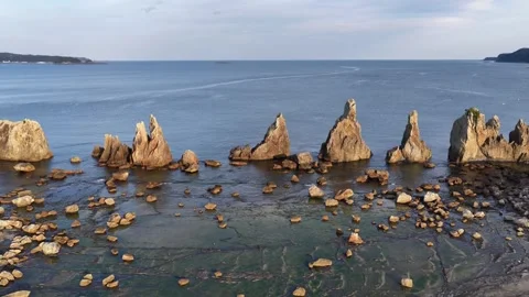 Orbiting Around Hashigui-iwa Rocks on Wakayama’s Pacific Coast Stock Footage 342238392