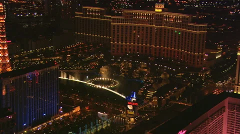 Orbiting the Bellagio's water show in Las Vegas at night. Shot in 2008. Stock Footage 59544963