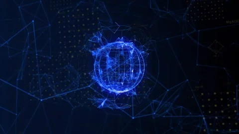 Orbiting bright node contacting wireframe sphere, globe pulsing and growing to Stock Footage 335739494