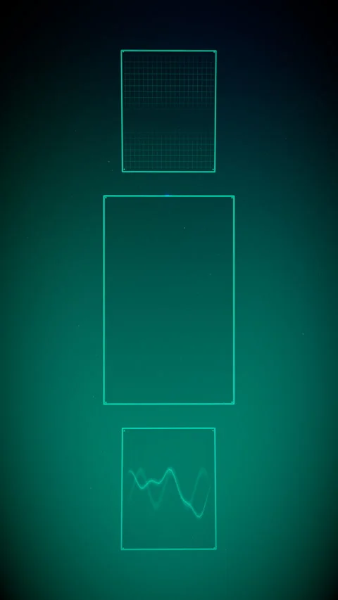 Orbiting camera around a towering spatial UI, Vertical 9:16 4K Stock Footage 338432548