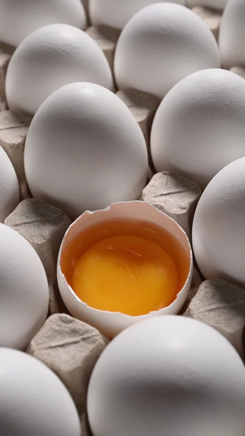 Orbiting camera reveals a fresh, golden yolk in a half-opened egg carton. 動画素材 319494014