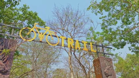 Orbiting camera shot around cycling trail entrance sign in forest park Vídeos de archivo 336681078