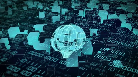 Orbiting camera starting cyan wire sphere rotating, showing grids, cubes forming Stock Footage 334337598