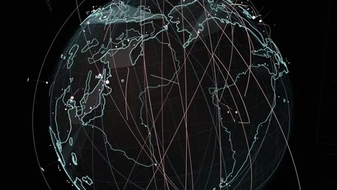 Orbiting camera starting wire globe rotating nodes pulsing showing network Stock Footage 334727204