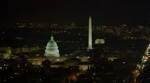 Orbiting Capitol Hill at night; Washington Monument and Lincoln Memorial in Vídeos de archivo 59197983