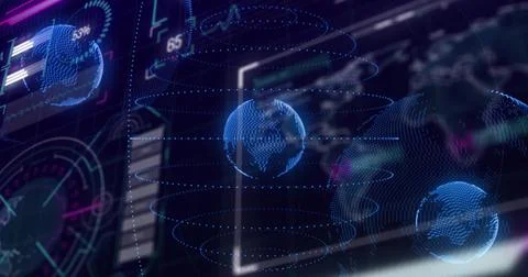 Orbiting central holographic globe rotating in dark console, showing spiral Illustrazione stock