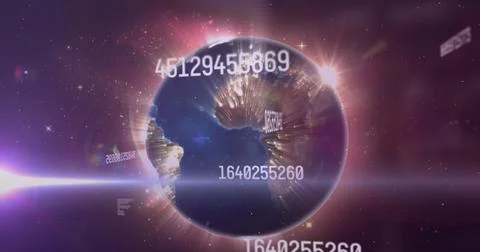Orbiting digital Earth globe emitting numeric codes in outer space, with flares Stockfoto's