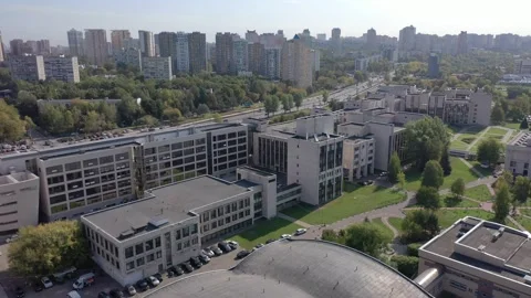 Orbiting drone move above MGIMO campus buildings Stock Footage 324545294