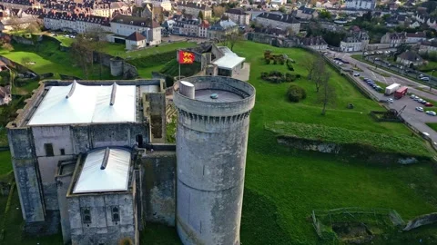 Orbiting drone movement around the main cylindrical William the Conqueror's Stock Footage 306295763