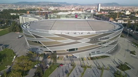 Orbiting Drone Shot Above MVM Dome in Budapest on Typical Day Stock Footage 253988836