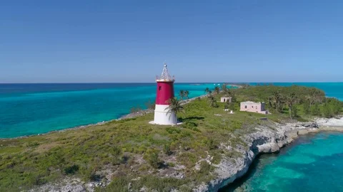 Orbiting Drone Shot of a Lighthouse at Gun Cay Bahamas 4K Stock Footage 84239255
