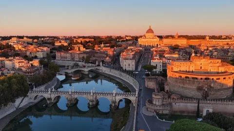 Orbiting drone shot of river Tiber and Castel Sant Angelo in Italian capital Stock Footage 320302954