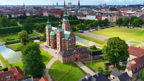 Orbiting drone shot of Rosenborg Castle in Copenhagen, Denmark. The Kings Garden Stock Footage 313271694