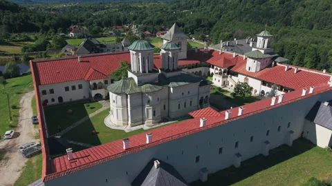 Orbiting Drone View of Hurezi Monastery Vídeos de archivo 340607390